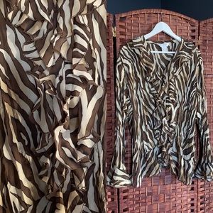 Y2K Allison Taylor | Brown & Cream Zebra Print | Long Sleeve | Ruffle Blouse 2X